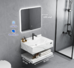 ⁦مغسلة رخام صناعي ليزر ابيض عرق رمادي مع مرايا ليد - مقاسات متعددة⁩ - الصورة ⁦2⁩