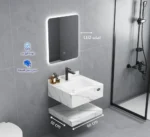 ⁦مغسلة رخام صناعي ليزر ابيض عرق رمادي مع مرايا ليد - مقاسات متعددة⁩ - الصورة ⁦3⁩