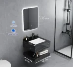 ⁦مغسلة رخام صناعي اسود لامع مع مرايا ليد - مقاسات متعددة⁩ - الصورة ⁦2⁩