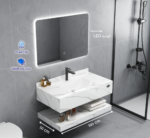 مغسلة رخام صناعي ليزر ابيض عرق رمادي مع مرايا ليد - مقاسات متعددة