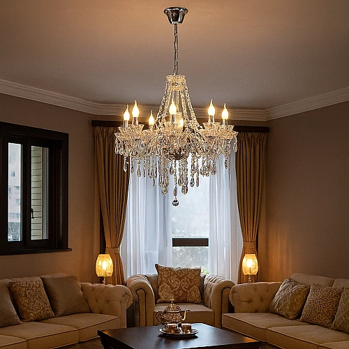 EG9TpJY2WGnQrAqHe2XLaKzF0MMNYuBX63-500x500 نجف مودرن شمعدان فضي مع شفاف E14*8 - الصورة 1