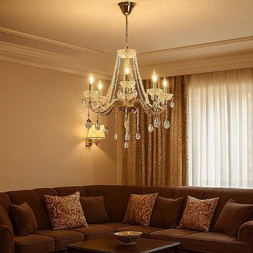 EzZVOpfMhUTXs2IOxhUgBtZFpWeXTXXEoA-500x500 نجف مودرن شمعدان ذهبي + فضيE14*8 - الصورة 1