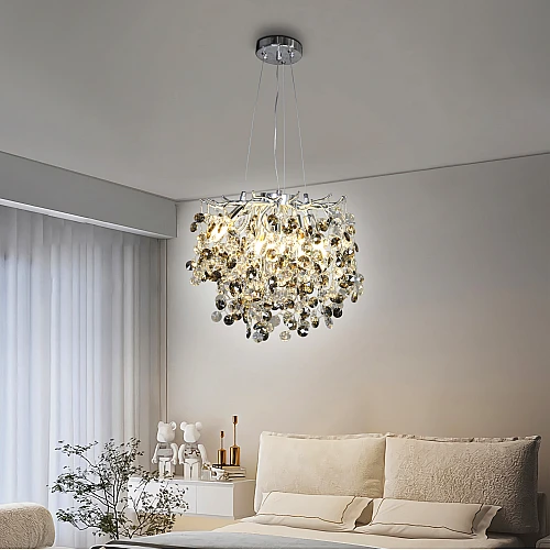 HA-C5314-450-CH+CL+RM (22)-500x500w نجف مودرن فضي مع شفاف مع رمادي E14*6 قطر 45 سم - الصورة 1